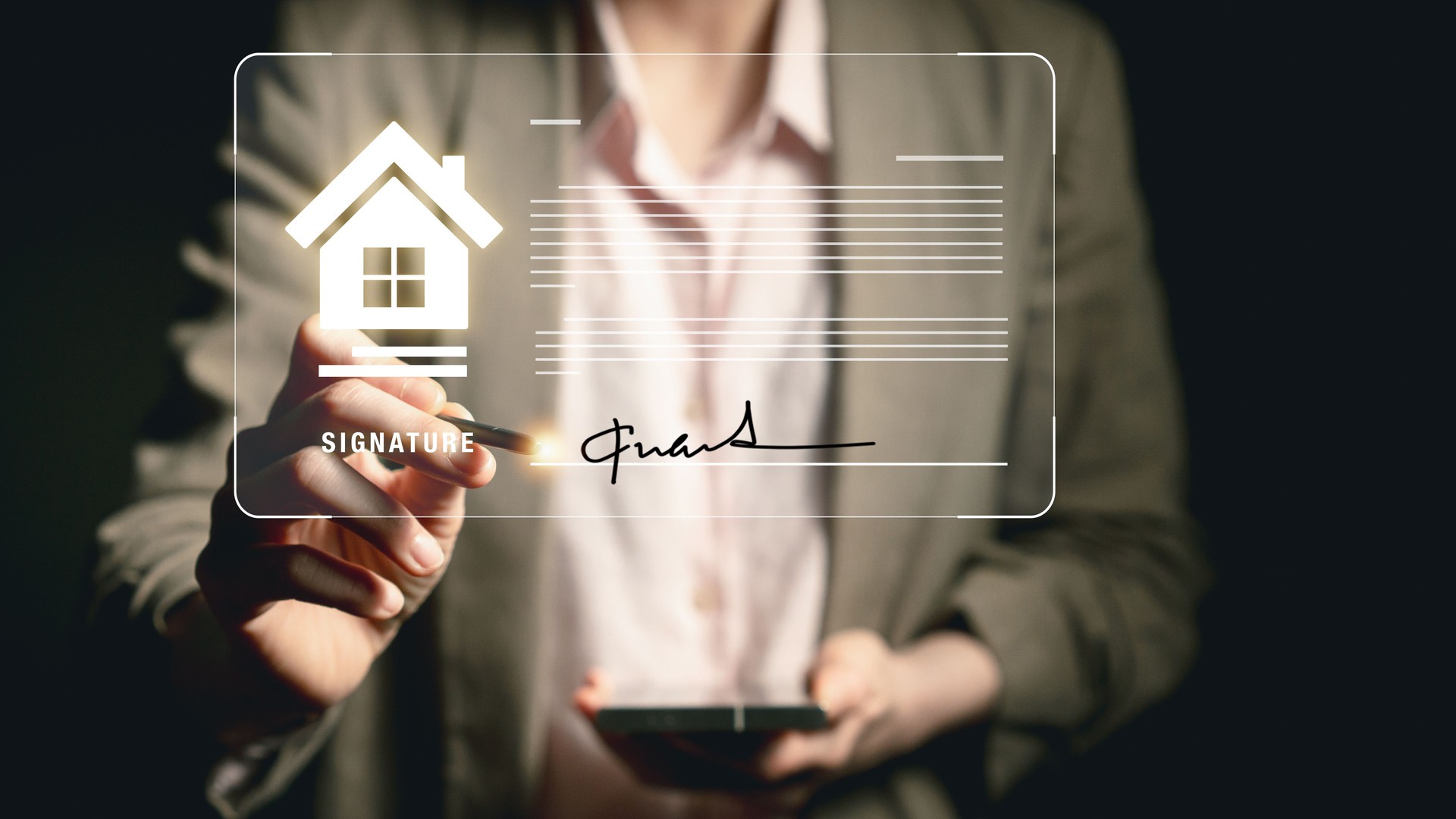 Person signing digital real estate contract using stylus with virtual house icon and signature field representing electronic property agreement process